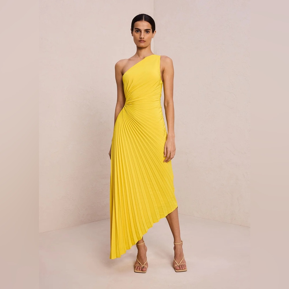 ALC Delfina Asymmetric Midi Dress in Sole Yellow